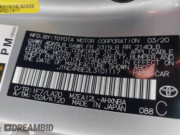 2020 Toyota Corolla XSE с VIN JTNC4RBE2L3101117, выставлен на аукционе IAAI как лот 43189175 с пробегом 59 299 миль миль и . История ставок и продаж доступна на DreamBid. Изображение 9.