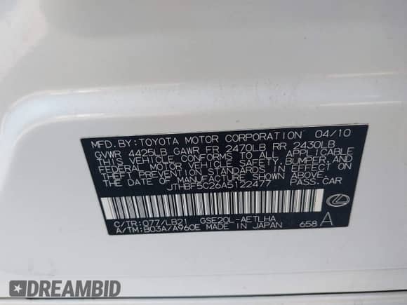 2010 Lexus IS 250 z VIN JTHBF5C26A5122477, wystawiony jako IAAI lot #43112819 z przebiegiem Nie podano mil oraz . Historia ofert i sprzedaży dostępna na DreamBid. Obrazek 9.