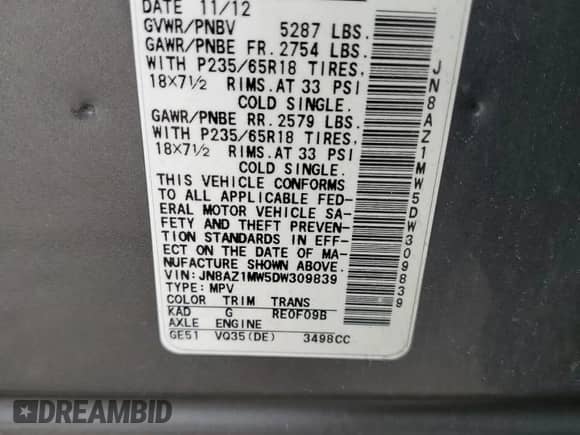 2013 Nissan Murano SL с VIN JN8AZ1MW5DW309839, выставлен на аукционе Copart как лот 57509085 с пробегом 107 800 миль миль и Списание • Salvage title. История ставок и продаж доступна на DreamBid. Изображение 13.