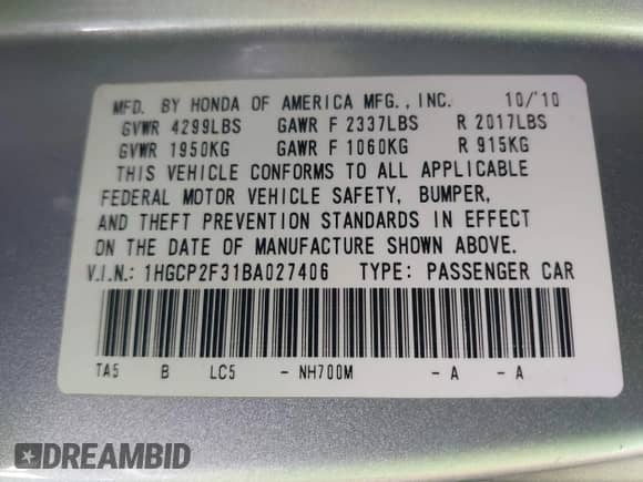 2011 Honda Accord LX с VIN 1HGCP2F31BA027406, выставлен на аукционе IAAI как лот 43101455 с пробегом 159 636 миль миль и . История ставок и продаж доступна на DreamBid. Изображение 9.