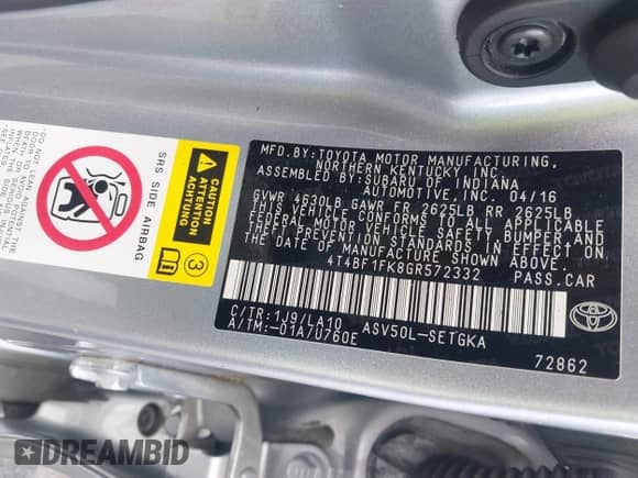 2016 Toyota Camry XLE с VIN 4T4BF1FK8GR572332, выставлен на аукционе IAAI как лот 42896300 с пробегом 72 181 миль миль и . История ставок и продаж доступна на DreamBid. Изображение 9.