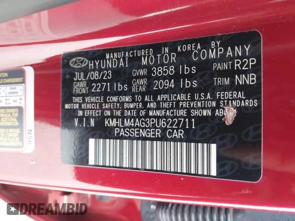 2023 Hyundai Elantra SEL with VIN KMHLM4AG3PU622711, listed as a IAAI auction lot 42704183 with 41,862 mi miles and . Bid and sale history available at DreamBid. Image 9.