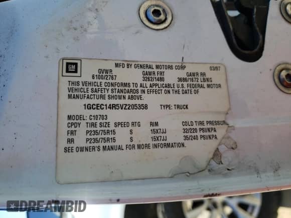 1997 Chevrolet Silverado 1500 with VIN 1GCEC14R5VZ205358, listed as a Copart auction lot 88252645 with 182,086 mi miles and Salvage title. Bid and sale history available at DreamBid. Image 12.