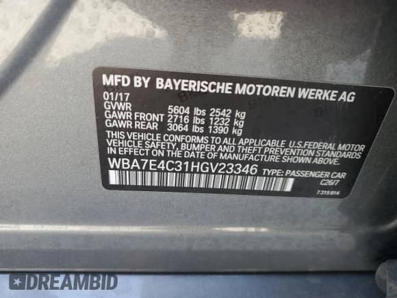2017 BMW 7 Series 740i xDrive with VIN WBA7E4C31HGV23346, listed as a Copart auction lot 49840905 with 155,047 mi miles and Salvage title. Bid and sale history available at DreamBid. Image 14.