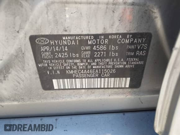 2014 Hyundai Sonata z VIN KMHEC4A46EA115026, wystawiony jako IAAI lot #42947589 z przebiegiem Nie podano mil oraz . Historia ofert i sprzedaży dostępna na DreamBid. Obrazek 9.