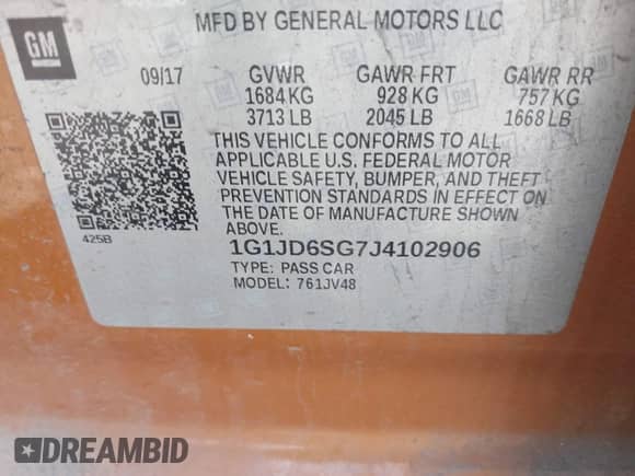 2018 Chevrolet Sonic LT with VIN 1G1JD6SG7J4102906, listed as a IAAI auction lot 42740361 with 73,254 mi miles and . Bid and sale history available at DreamBid. Image 9.