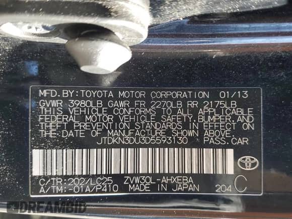 2013 Toyota Prius Two with VIN JTDKN3DU3D5593130, listed as a Copart auction lot 86664955 with 149,844 mi miles and Salvage title. Bid and sale history available at DreamBid. Image 13.