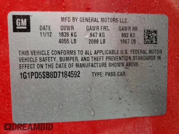 2013 Chevrolet Cruze 1LT z VIN 1G1PD5SB8D7184592, wystawiony jako Copart lot #51816515 z przebiegiem 118 304 mil mil oraz Szkoda całkowita • Salvage title. Historia ofert i sprzedaży dostępna na DreamBid. Obrazek 14.