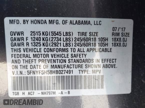 2017 Honda Pilot EX-L with VIN 5FNYF5H58HB027491, listed as a IAAI auction lot 43356758 with 124,805 mi miles and . Bid and sale history available at DreamBid. Image 9.