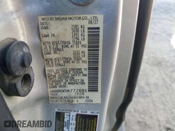 2017 Nissan Frontier SV with VIN 1N6AD0CW3HN772691, listed as a Copart auction lot 59173785 with 105,058 mi miles and Salvage title. Bid and sale history available at DreamBid. Image 12.