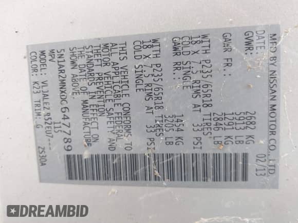 2013 Nissan Pathfinder SV with VIN 5N1AR2MNXDC647789, listed as a IAAI auction lot 42697492 with 210,991 mi miles and . Bid and sale history available at DreamBid. Image 9.