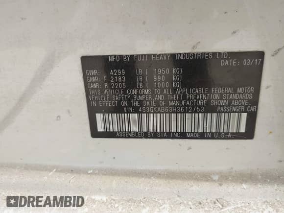 2017 Subaru Impreza Premium with VIN 4S3GKAB63H3612753, listed as a IAAI auction lot 43479359 with Not provided miles and . Bid and sale history available at DreamBid. Image 9.