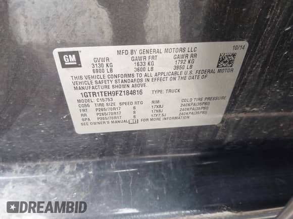 2015 GMC Sierra 1500 with VIN 1GTR1TEH9FZ184816, listed as a IAAI auction lot 41988037 with 135,721 mi miles and . Bid and sale history available at DreamBid. Image 9.