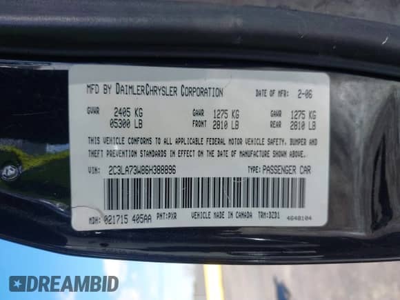 2006 Chrysler 300 C SRT-8 with VIN 2C3LA73W86H388896, listed as a IAAI auction lot 40599030 with 152,547 mi miles and . Bid and sale history available at DreamBid. Image 9.