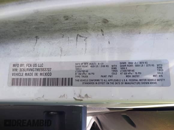2021 Ram ProMaster Cargo with VIN 3C6LRVNG7ME553707, listed as a IAAI auction lot 42903124 with 125,917 mi miles and . Bid and sale history available at DreamBid. Image 9.