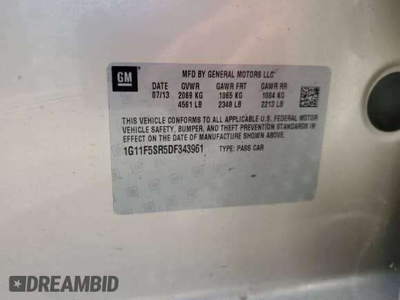 2013 Chevrolet Malibu Eco with VIN 1G11F5SR5DF343961, listed as a Copart auction lot 66212685 with 57,189 mi miles and Clean title. Bid and sale history available at DreamBid. Image 12.