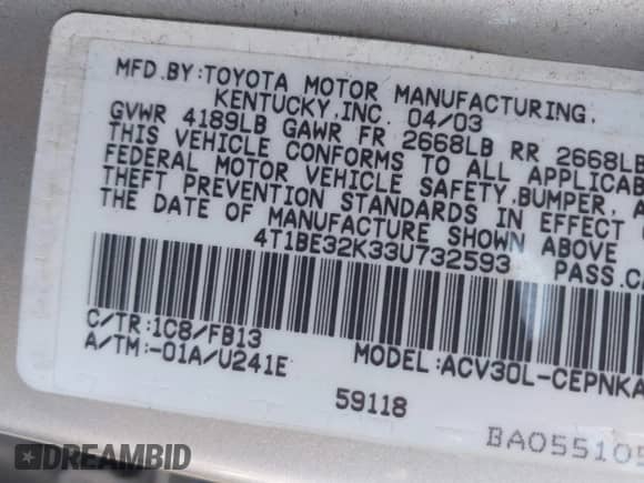 2003 Toyota Camry XLE with VIN 4T1BE32K33U732593, listed as a IAAI auction lot 43377243 with 171,286 mi miles and . Bid and sale history available at DreamBid. Image 9.
