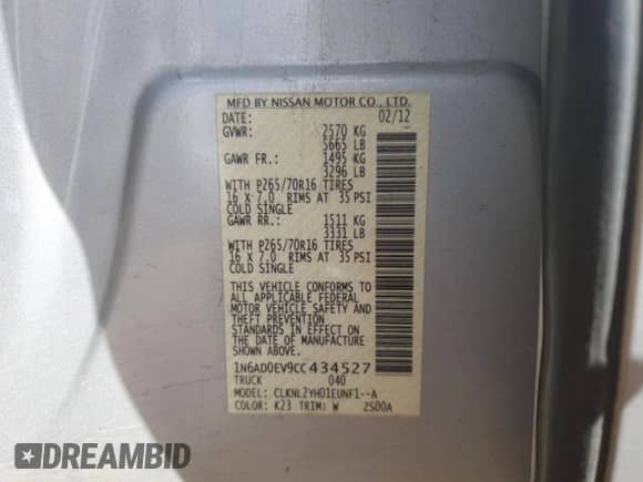 2012 Nissan Frontier SL with VIN 1N6AD0EV9CC434527, listed as a Copart auction lot 87056565 with 172,016 mi miles and Salvage title. Bid and sale history available at DreamBid. Image 12.