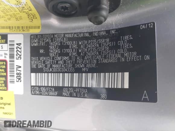 2012 Toyota Sienna LE with VIN 5TDJK3DC0CS043355, listed as a IAAI auction lot 42681187 with 78,371 mi miles and . Bid and sale history available at DreamBid. Image 9.