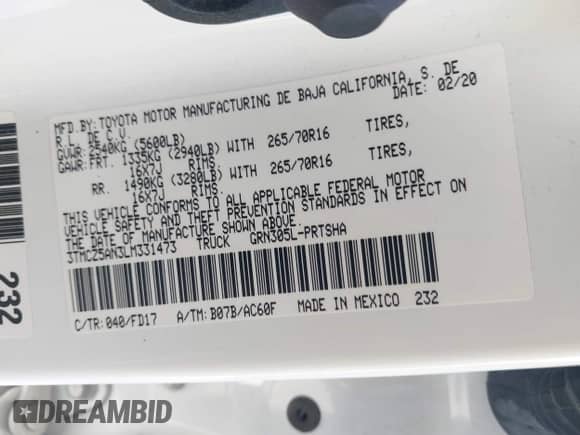 2020 Toyota Tacoma SR5 с VIN 3TMCZ5AN3LM331473, выставлен на аукционе IAAI как лот 42986925 с пробегом 62 161 миль миль и . История ставок и продаж доступна на DreamBid. Изображение 9.