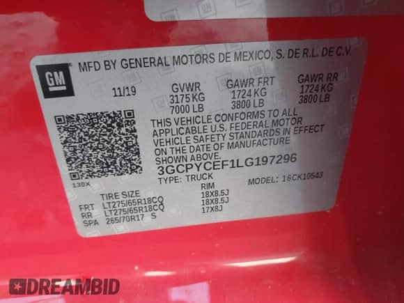 2020 Chevrolet Silverado 1500 Custom Trail Boss with VIN 3GCPYCEF1LG197296, listed as a IAAI auction lot 42175758 with 77,912 mi miles and . Bid and sale history available at DreamBid. Image 9.