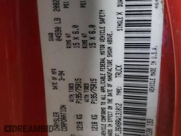 1994 Dodge Dakota z VIN 1B7FL26X8RW131012, wystawiony jako Copart lot #47027185 z przebiegiem 183 435 mil mil oraz Szkoda całkowita • Salvage title. Historia ofert i sprzedaży dostępna na DreamBid. Obrazek 12.