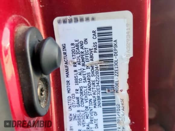 2004 Toyota Corolla S with VIN 1NXBR32E34Z228044, listed as a Copart auction lot 81881455 with 222,315 mi miles and Salvage title. Bid and sale history available at DreamBid. Image 12.