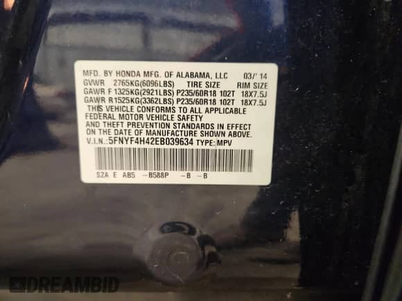2014 Honda Pilot EX с VIN 5FNYF4H42EB039634, выставлен на аукционе Copart как лот 85875585 с пробегом 131 525 миль миль и На запчасти • Non repairable. История ставок и продаж доступна на DreamBid. Изображение 13.