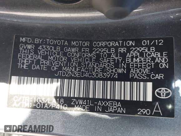 2012 Toyota Prius Two with VIN JTDZN3EU4C3083974, listed as a IAAI auction lot 43239007 with 156,219 mi miles and . Bid and sale history available at DreamBid. Image 9.