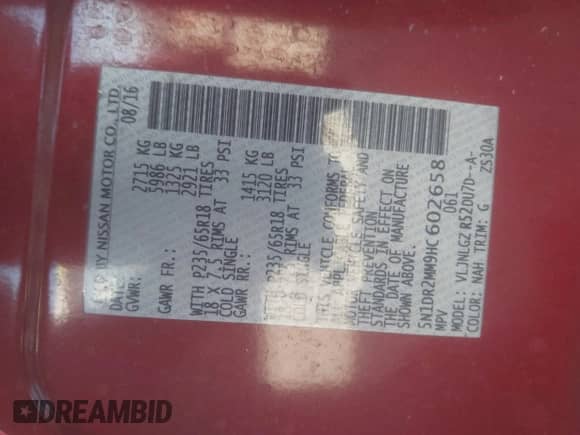 2017 Nissan Pathfinder SL with VIN 5N1DR2MM9HC602658, listed as a IAAI auction lot 43232301 with 121,211 mi miles and . Bid and sale history available at DreamBid. Image 9.