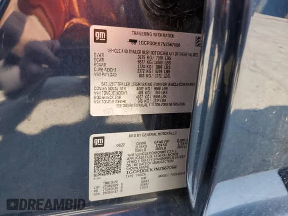 2022 Chevrolet Silverado 1500 LT with VIN 1GCPDDEK7NZ567068, listed as a Copart auction lot 59895415 with 49,321 mi miles and Salvage title. Bid and sale history available at DreamBid. Image 12.