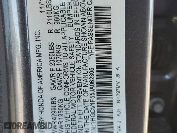 2018 Honda Accord EX-L with VIN 1HGCV1F55JA062305, listed as a Copart auction lot 82506305 with 57,786 mi miles and Salvage title. Bid and sale history available at DreamBid. Image 13.