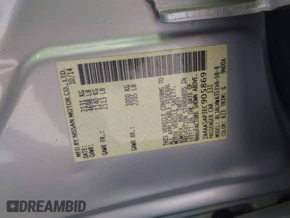 2014 Nissan Maxima SV z VIN 1N4AA5AP3EC905869, wystawiony jako IAAI lot #42833708 z przebiegiem 78 198 mil mil oraz . Historia ofert i sprzedaży dostępna na DreamBid. Obrazek 9.