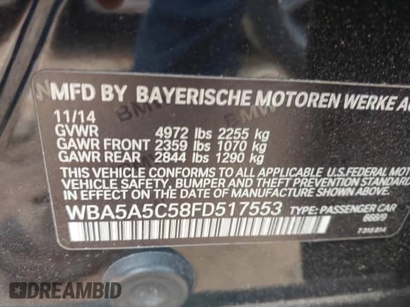 2015 BMW 5 Series 528i с VIN WBA5A5C58FD517553, выставлен на аукционе IAAI как лот 43024808 с пробегом 93 827 миль миль и . История ставок и продаж доступна на DreamBid. Изображение 9.