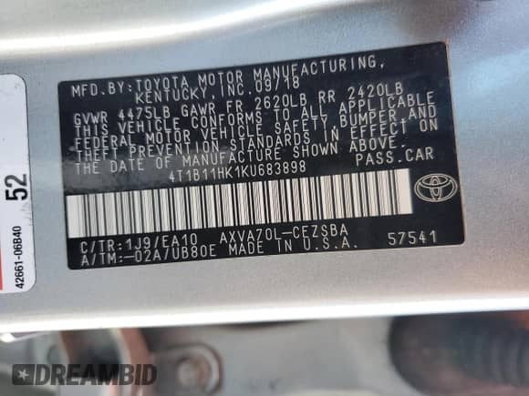 2019 Toyota Camry SE z VIN 4T1B11HK1KU683898, wystawiony jako Copart lot #81812505 z przebiegiem 160 835 mil mil oraz Nie do naprawy • Non repairable. Historia ofert i sprzedaży dostępna na DreamBid. Obrazek 12.