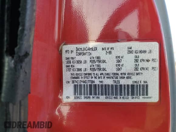 1999 Dodge 1500 z VIN 3B7HC12Y4XG177384, wystawiony jako Copart lot #80792125 z przebiegiem 136 578 mil mil oraz Szkoda całkowita • Salvage title. Historia ofert i sprzedaży dostępna na DreamBid. Obrazek 12.