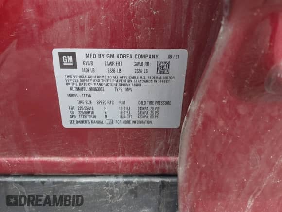 2022 Chevrolet TrailBlazer RS z VIN KL79MUSL1NB063062, wystawiony jako IAAI lot #42326055 z przebiegiem 167 944 mil mil oraz . Historia ofert i sprzedaży dostępna na DreamBid. Obrazek 9.