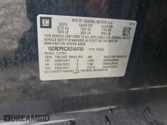 2014 Chevrolet Silverado 1500 Work Truck z VIN 1GCRCPEC2EZ404768, wystawiony jako Copart lot #68226075 z przebiegiem 137 218 mil mil oraz Szkoda całkowita • Salvage title. Historia ofert i sprzedaży dostępna na DreamBid. Obrazek 12.
