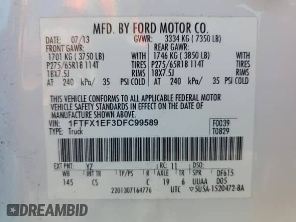 2013 Ford F-150 XL z VIN 1FTFX1EF3DFC99589, wystawiony jako Copart lot #80426975 z przebiegiem 186 667 mil mil oraz Szkoda całkowita • Salvage title. Historia ofert i sprzedaży dostępna na DreamBid. Obrazek 13.