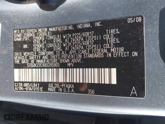 2008 Toyota Sienna XLE z VIN 5TDZK22CX8S205905, wystawiony jako IAAI lot #43381003 z przebiegiem 120 666 mil mil oraz . Historia ofert i sprzedaży dostępna na DreamBid. Obrazek 9.