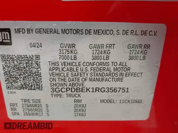 2024 Chevrolet Silverado 1500 Custom with VIN 3GCPDBEK1RG356751, listed as a IAAI auction lot 42751475 with 24,721 mi miles and . Bid and sale history available at DreamBid. Image 9.