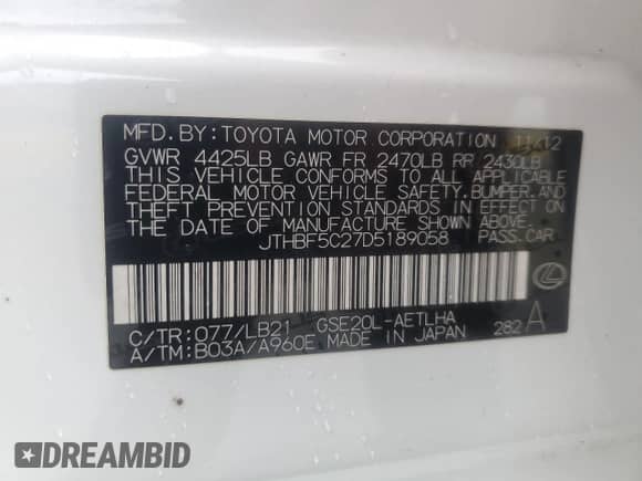 2013 Lexus IS 250 z VIN JTHBF5C27D5189058, wystawiony jako Copart lot #68551035 z przebiegiem 166 625 mil mil oraz Szkoda całkowita • Salvage title. Historia ofert i sprzedaży dostępna na DreamBid. Obrazek 12.