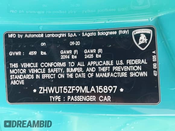 2021 Lamborghini Huracan с VIN ZHWUT5ZF9MLA15897, выставлен на аукционе IAAI как лот 41720301 с пробегом 25 436 миль миль и . История ставок и продаж доступна на DreamBid. Изображение 9.