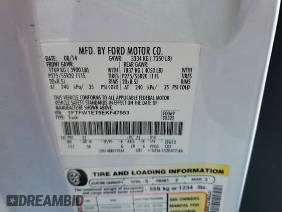 2014 Ford F-150 XL с VIN 1FTFW1ET5EKF47553, выставлен на аукционе Copart как лот 48998385 с пробегом 189 144 миль миль и Чистый • Clean title. История ставок и продаж доступна на DreamBid. Изображение 12.