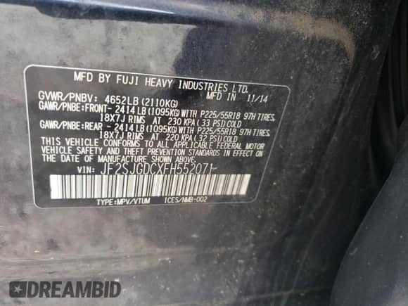 2015 Subaru Forester XT Premium с VIN JF2SJGDCXFH552071, выставлен на аукционе Copart как лот 85906735 с пробегом 116 909 миль миль и Списание • Salvage title. История ставок и продаж доступна на DreamBid. Изображение 13.