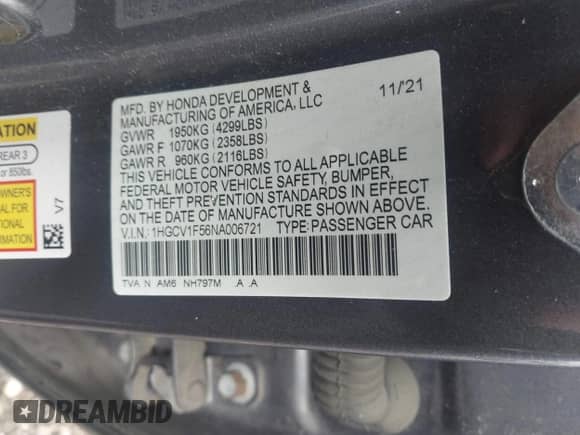 2022 Honda Accord EX-L z VIN 1HGCV1F56NA006721, wystawiony jako IAAI lot #43030981 z przebiegiem 102 894 mil mil oraz . Historia ofert i sprzedaży dostępna na DreamBid. Obrazek 9.