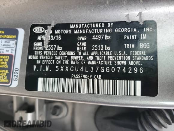 2016 Kia Optima EX with VIN 5XXGU4L37GG074296, listed as a Copart auction lot 67619325 with 192,249 mi miles and Non repairable. Bid and sale history available at DreamBid. Image 12.