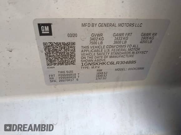 2020 Chevrolet Suburban LT with VIN 1GNSKHKC6LR304885, listed as a IAAI auction lot 43213423 with 179,235 mi miles and . Bid and sale history available at DreamBid. Image 9.