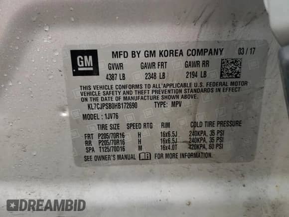 2017 Chevrolet Trax LT z VIN KL7CJPSB0HB172690, wystawiony jako Copart lot #81540045 z przebiegiem 121 946 mil mil oraz Szkoda całkowita • Salvage title. Historia ofert i sprzedaży dostępna na DreamBid. Obrazek 13.