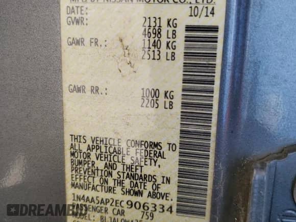 2014 Nissan Maxima S with VIN 1N4AA5AP2EC906334, listed as a Copart auction lot 70993085 with 163,245 mi miles and Salvage title. Bid and sale history available at DreamBid. Image 12.